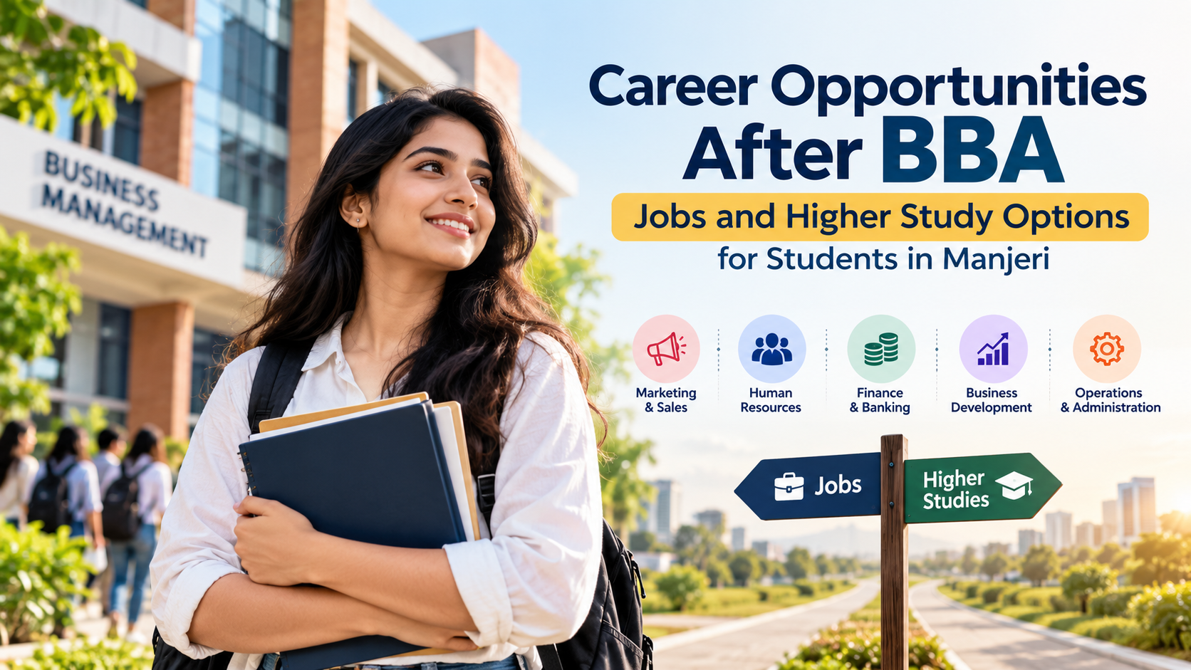 Student on a business school campus with text about career opportunities after BBA, highlighting jobs and higher study options in Manjeri.